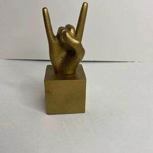Metal Hand Sculpture Rock On w/Cube Base